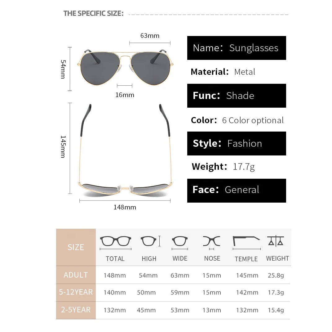 Fashion 1 Set 3 Pcs Parent-Child Sun Shades Mommy and Me Glasses Family Matching Classic Pilot Polarized Sunglasses