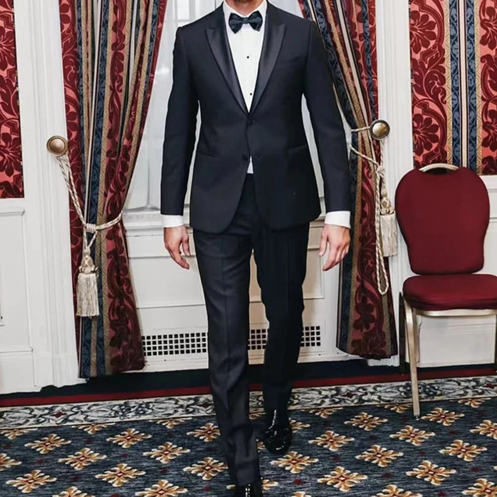 Black Suits for Men Fashion Satin Peak Lapel Single Breasted Tuxedo Wedding Groom Formal Party Slim Male Suit Two Pieces