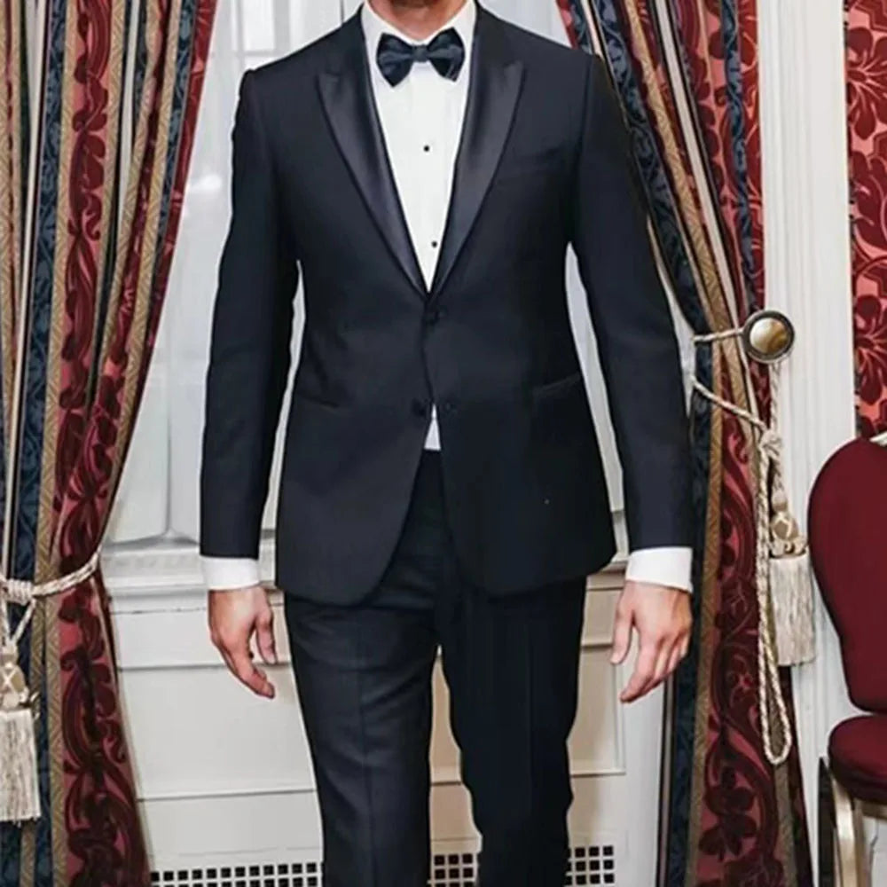 Black Suits for Men Fashion Satin Peak Lapel Single Breasted Tuxedo Wedding Groom Formal Party Slim Male Suit Two Pieces