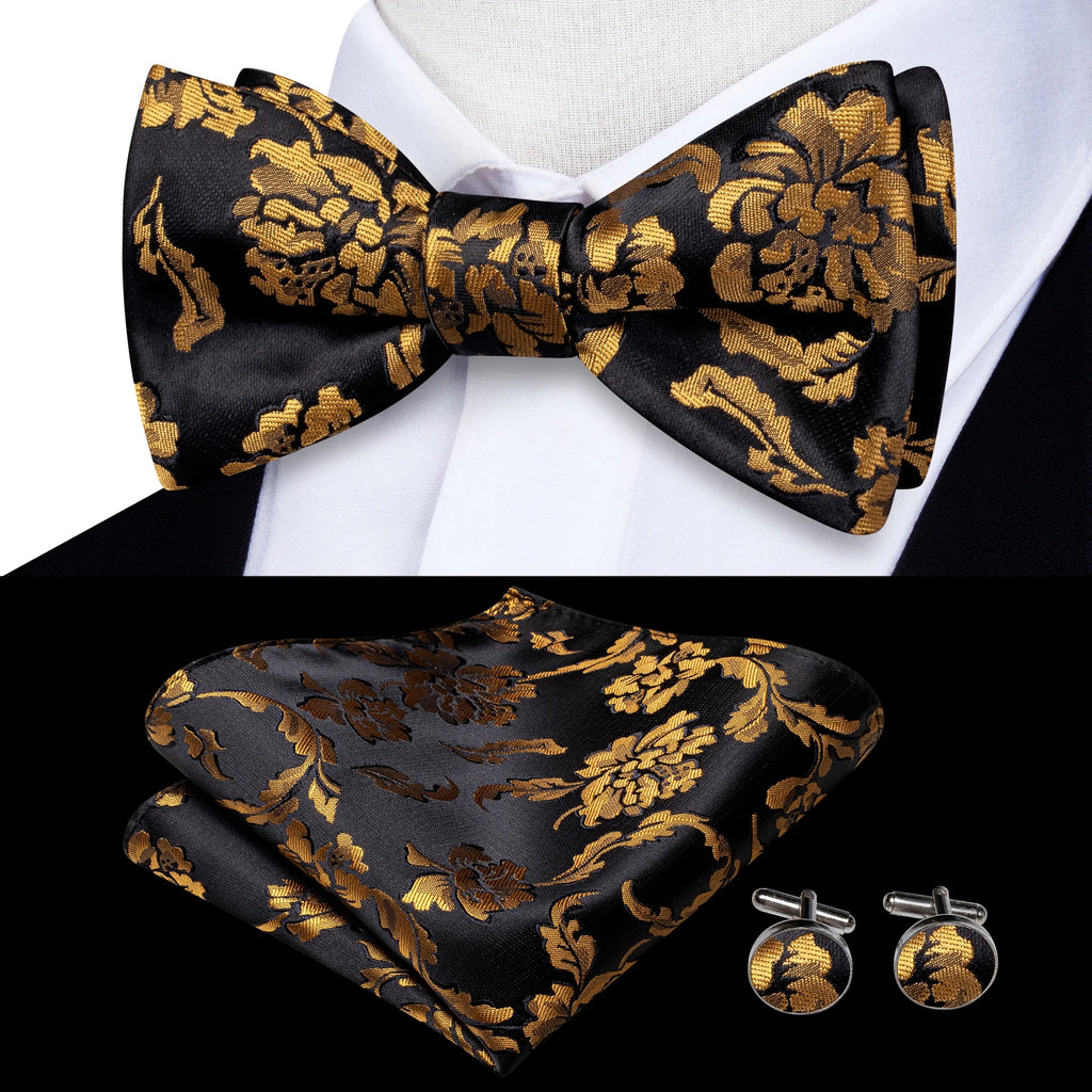 Hi-Tie Adjustable Butterfly Self Bow Tie for mens 100% Silk Floral Paisley Male Classic Wedding Party Golden Red Bow Tie Set