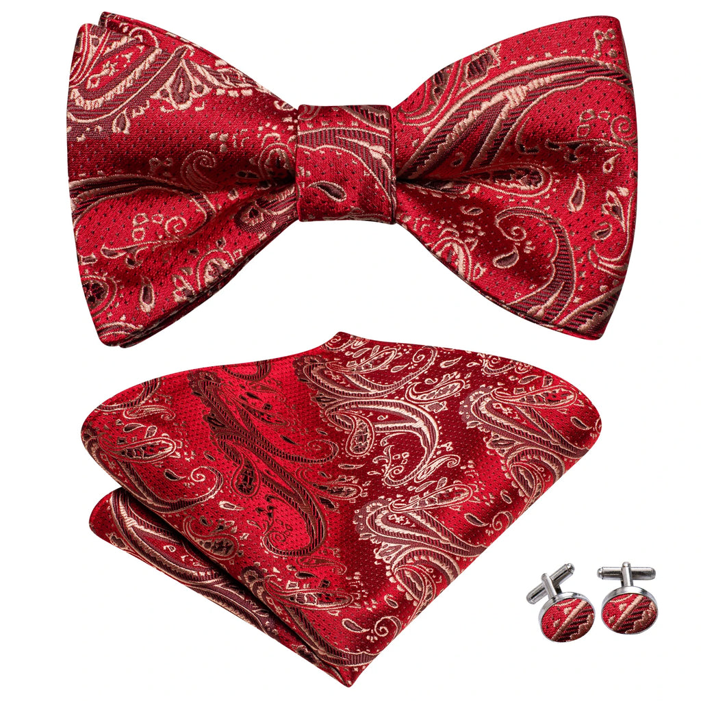 Hi-Tie Adjustable Butterfly Self Bow Tie for mens 100% Silk Floral Paisley Male Classic Wedding Party Golden Red Bow Tie Set