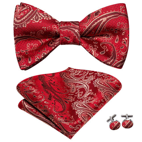 Hi-Tie Adjustable Butterfly Self Bow Tie for mens 100% Silk Floral Paisley Male Classic Wedding Party Golden Red Bow Tie Set