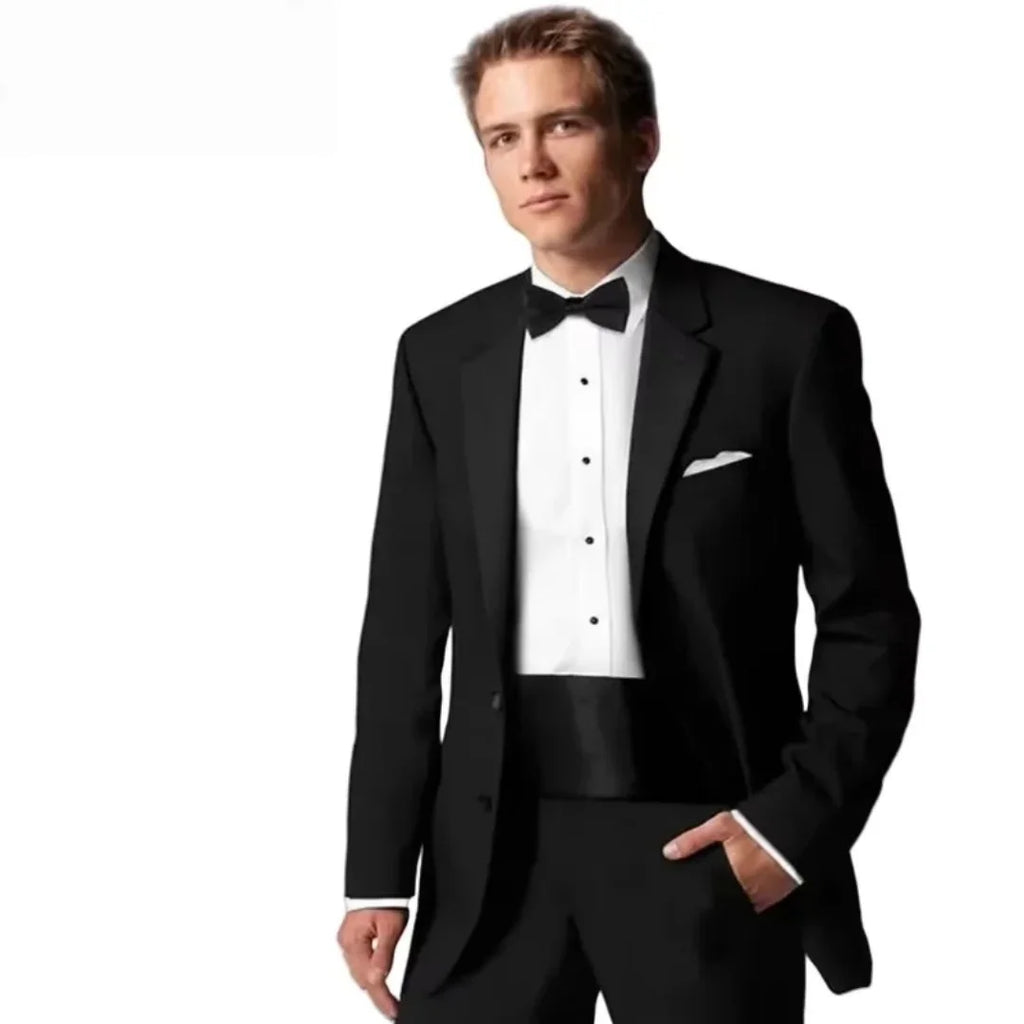 Black 2-piece Men's Casual Suits Tops Notch Lapel Blazer Coat Jacket Trousers Wedding Business Office Groom Tuxedos