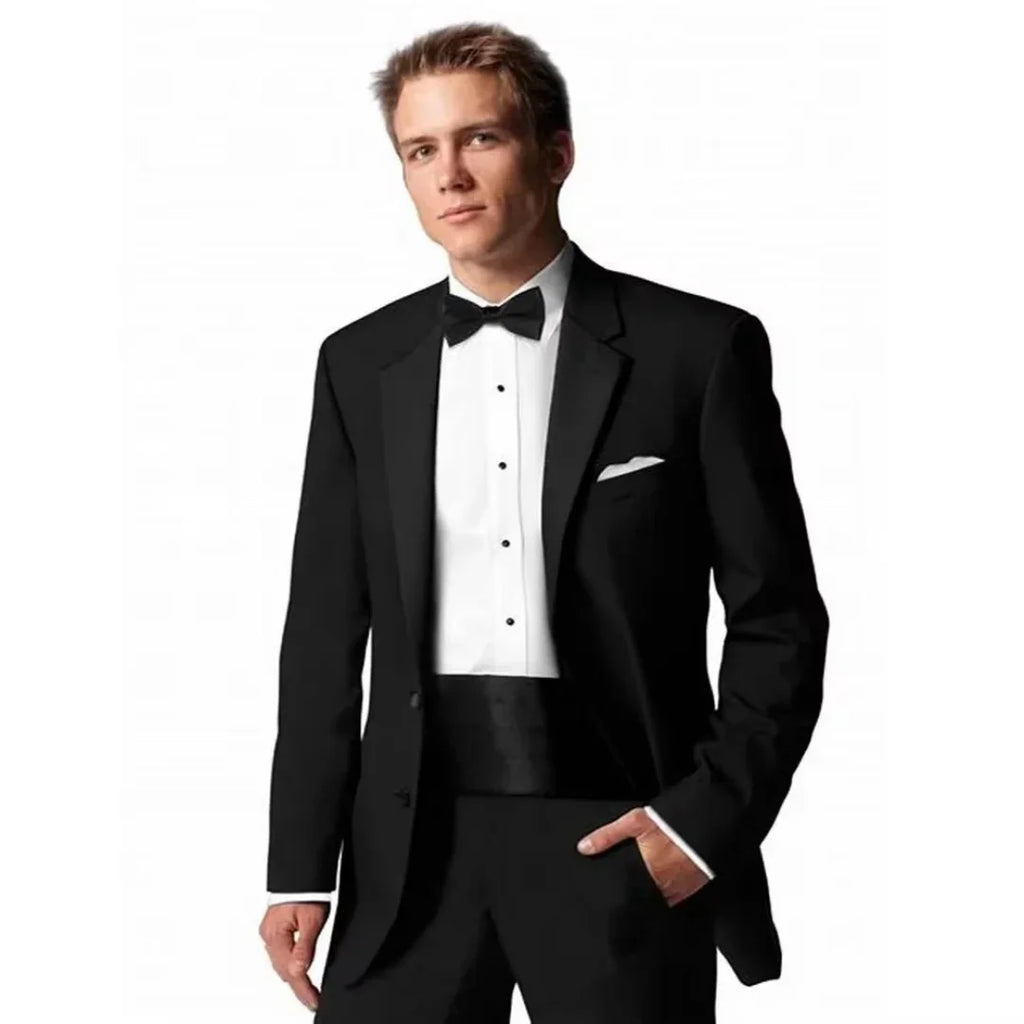 Black 2-piece Men's Casual Suits Tops Notch Lapel Blazer Coat Jacket Trousers Wedding Business Office Groom Tuxedos