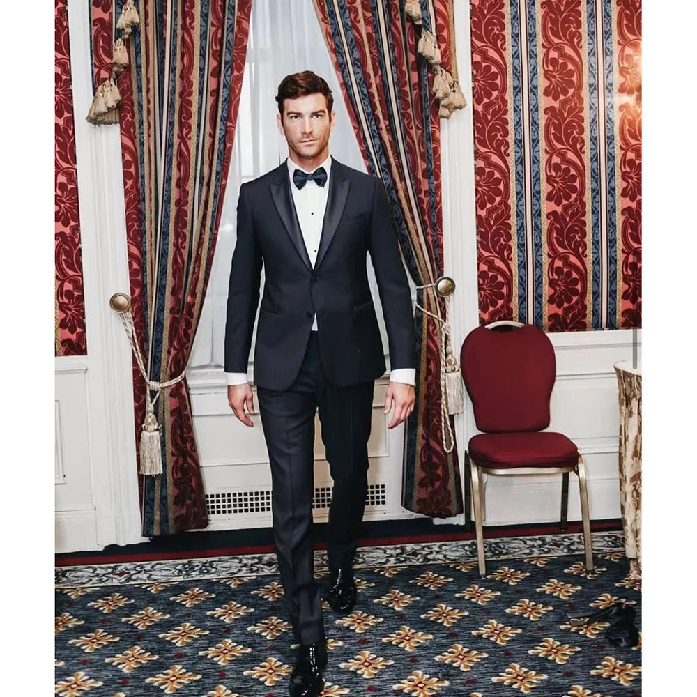 Black Suits for Men Fashion Satin Peak Lapel Single Breasted Tuxedo Wedding Groom Formal Party Slim Male Suit Two Pieces